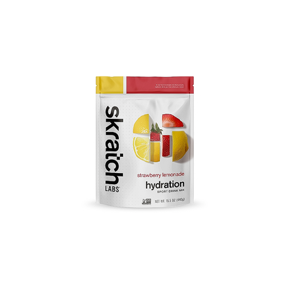 Skratch Labs strawberry lemonade hydration sport drink mix 15.5 oz package on a white background