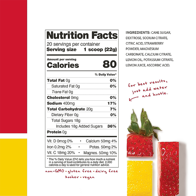 Nutrition facts and ingredients list for skratch labs strawberry lemonade hydration sport drink mix