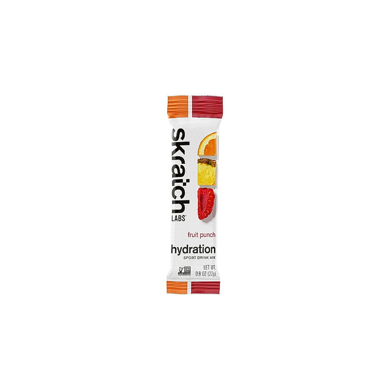 single serving Skratch Labs fruit punch hydration package on a white background
