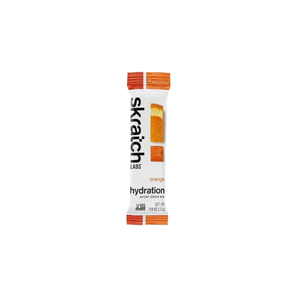single-serving Skratch Labs orange hydration sport drink mix package on a white background