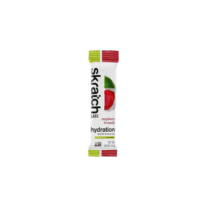 Skratch Labs raspberry limeade with caffeine  sinlge-serving hydration sports drink mix packet on a white background