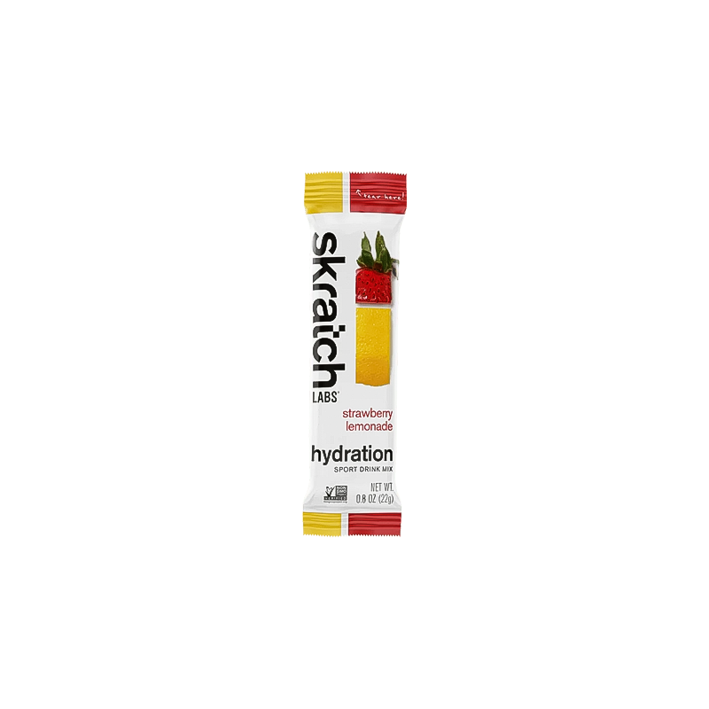 Skratch Labs strawberry lemonade hydration sport drink mix single serving  package on a white background