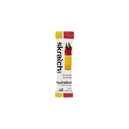 Skratch Labs strawberry lemonade hydration sport drink mix single serving  package on a white background
