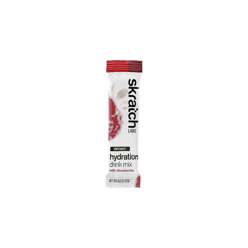 Skratch Labs strawberry hydration sport drink mix single serving packet on a white background
