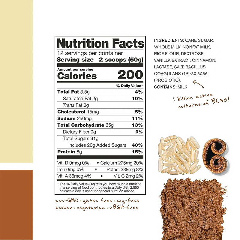Nutrition Facts and ingredients label for Skratch Labs Horchata Recovery sport drink mix