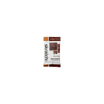 individual package of Skratch Labs chocolate Recovery Sport Drink Mix on white background 