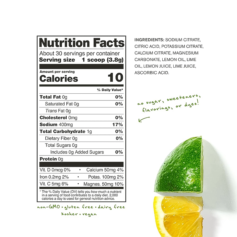 Skratch Labs hydration mix nutrition label, featuring lemon-lime flavor and essential sugar-free electrolytes for athletes.