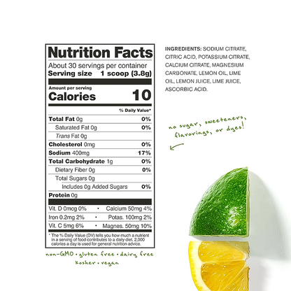Skratch Labs hydration mix nutrition label, featuring lemon-lime flavor and essential sugar-free electrolytes for athletes.