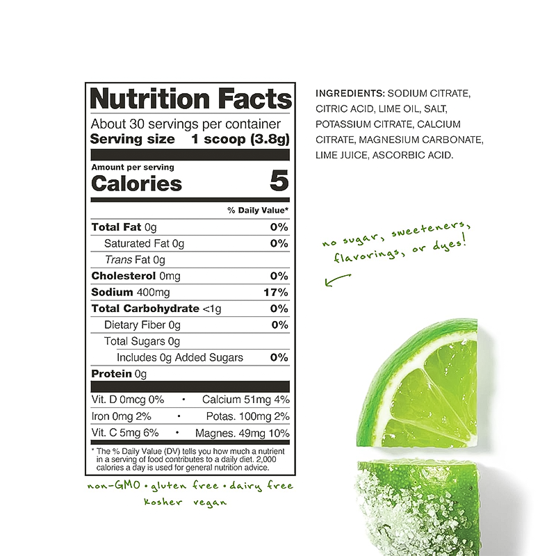 Nutrition label for a salted margarita, listing calories and nutrients relevant to Skratch Labs unsweetened hydration drink mix.