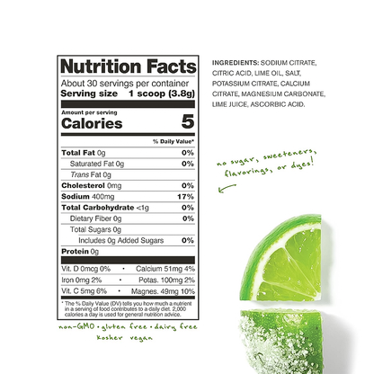 Nutrition label for a salted margarita, listing calories and nutrients relevant to Skratch Labs unsweetened hydration drink mix.