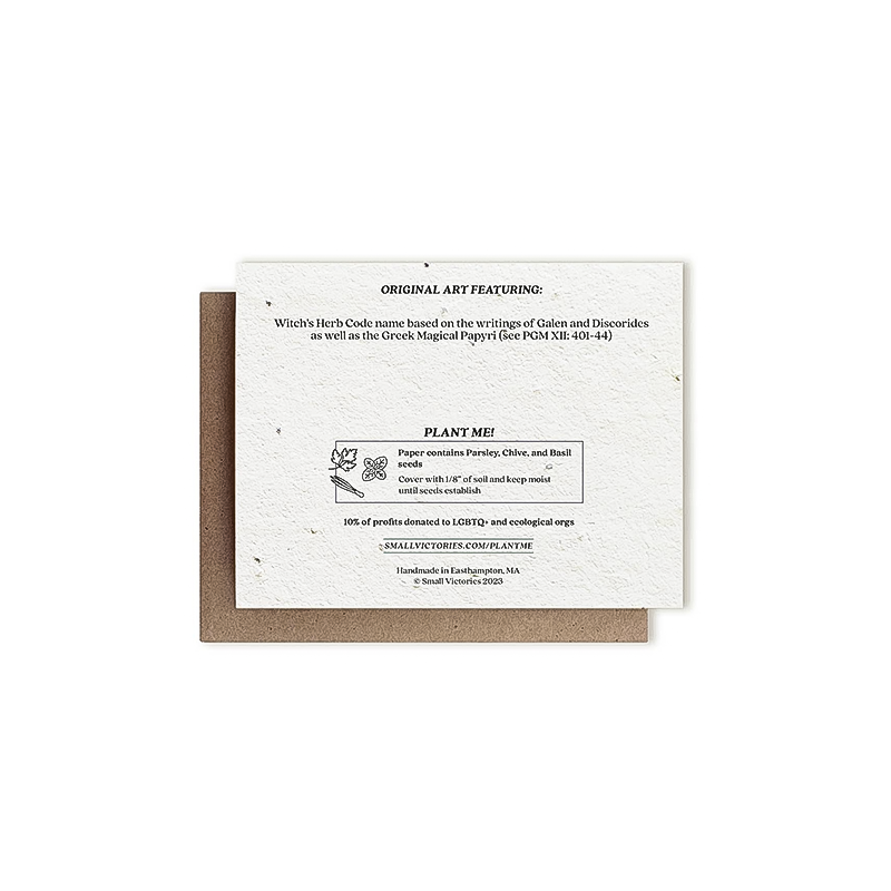 Eco-friendly greeting card featuring a bat and holly design on plantable paper with herb seeds back cover.