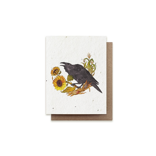 A2 greeting card featuring a black raven illustration on plantable seeded paper with herb seeds.