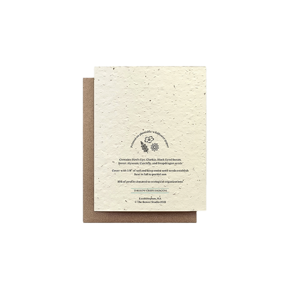 Back cover of an eco-friendly lavender tree greeting card with seeds for planting, designed to bloom into a vibrant garden of flowers.