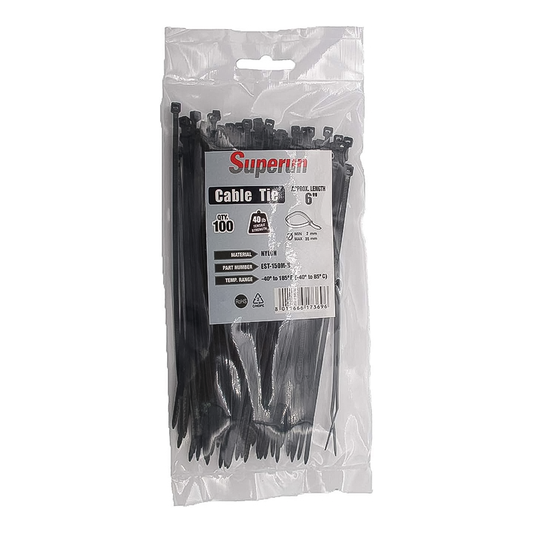 Superun 6" Black Zip 100-Pack Ties (Industrial Grade)