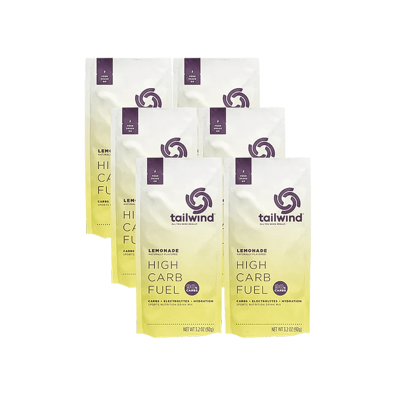 Tailwind High Carb Fuel lemonade, 6-pack, delivers 90g carbs per serving for sustained energy and hydration.