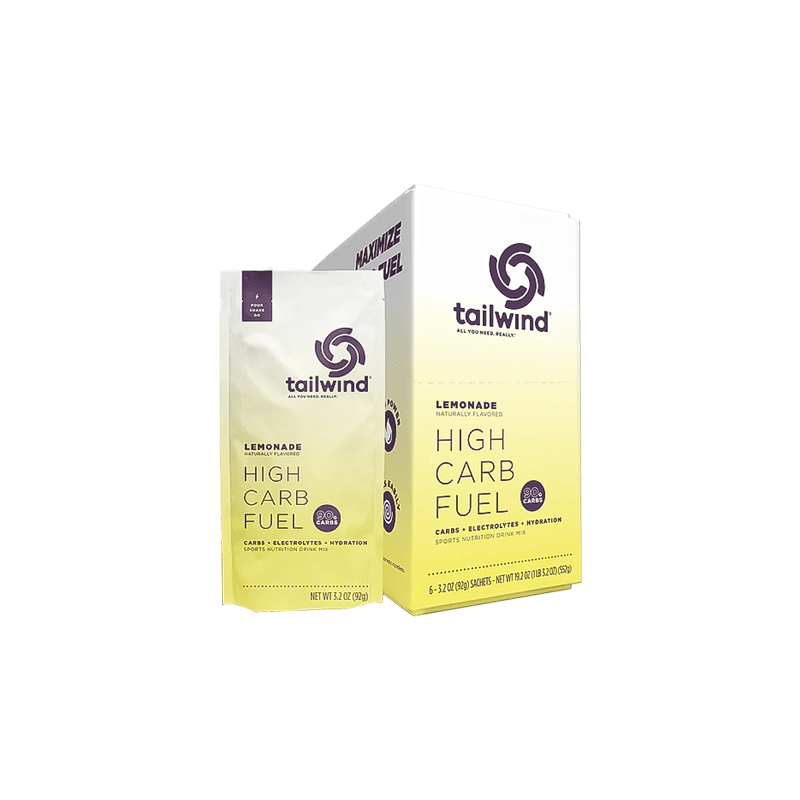 Tailwind High Carb Fuel lemonade powder packet for athletes, with 90g carbs and electrolytes for endurance hydration.