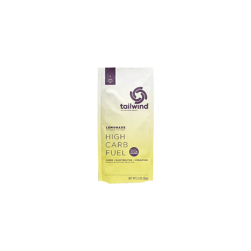 Tailwind High Carb Fuel lemonade powder pack provides 90g of carbs and electrolytes for athletes' endurance.  