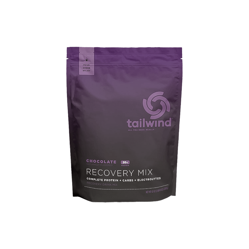 Purple Tailwind Recovery Mix powder, a vegan post-exercise drink with protein and electrolytes.  