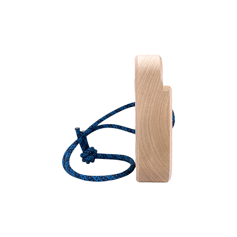 Wooden climbing training block with blue rope for grip strength exercises