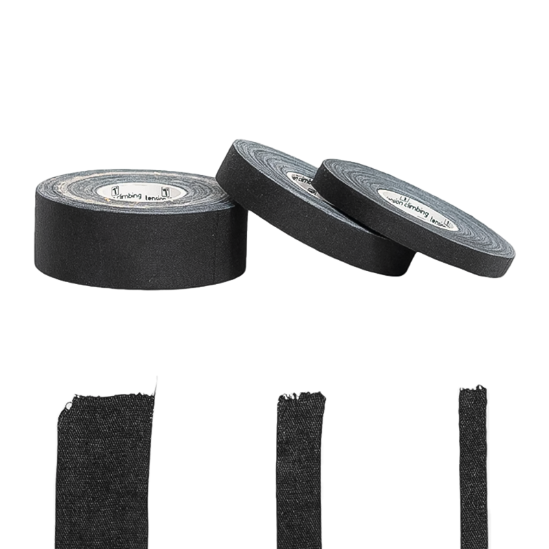 Tension Climbing Tri-Pack features three black tape rolls in sizes 0.3", 0.5", and 1", suitable for indoor and outdoor climbing.