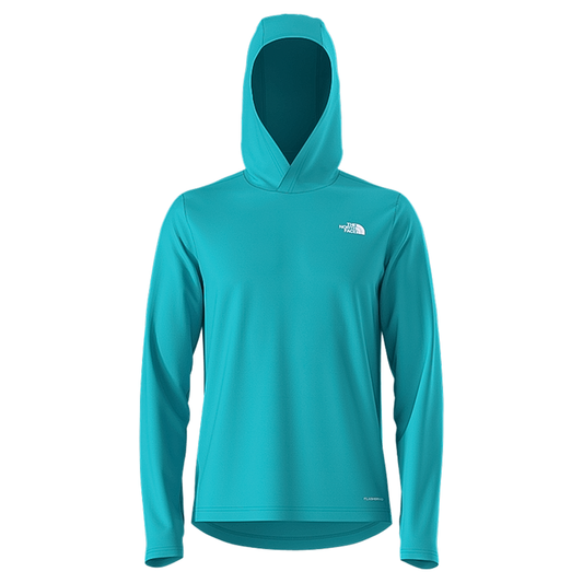 Turquoise North Face men's hoodie with UPF 40+ protection, perfect for outdoor activities.