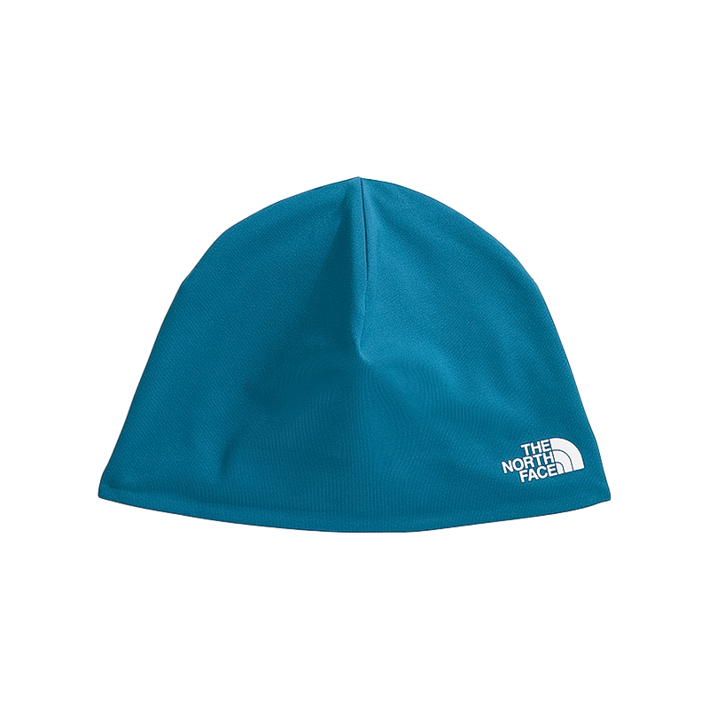 Blue North Face Base Beanie with breathable fabric and reflective logo, perfect for skiing and cold weather.