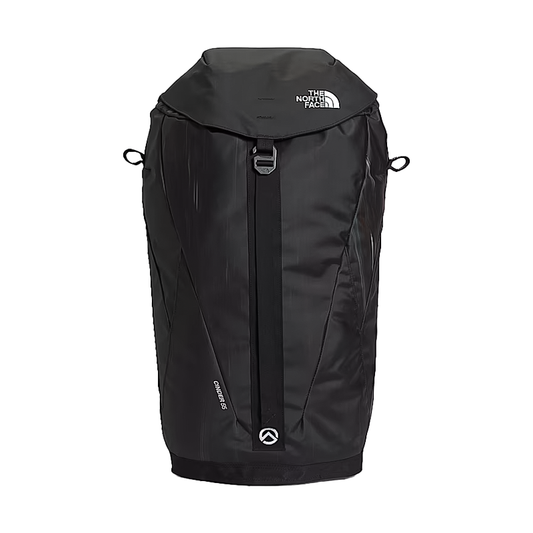 Black with colorful swirl accents North Face backpack with zipper closure, designed for climbing, featuring durable, water-resistant nylon and ample storage.