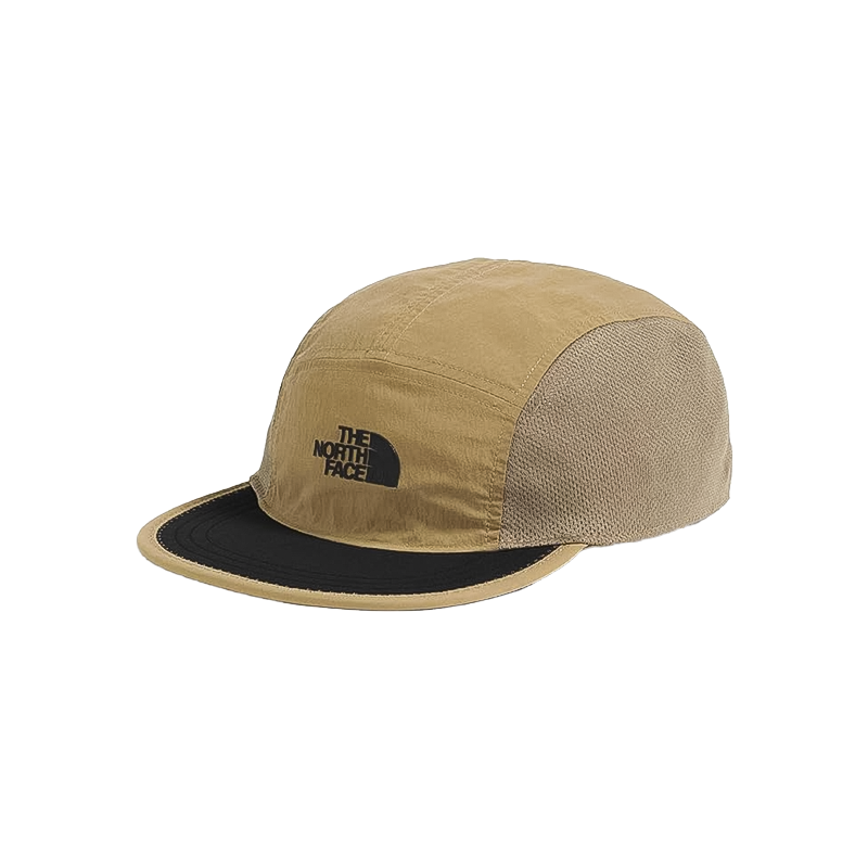 North Face Class V Camp Hat in tan and black, featuring adjustable fit and UPF 40+ sun protection for outdoor adventures.