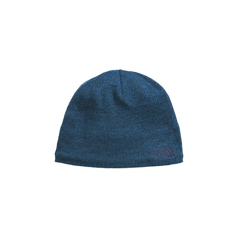 Blue North Face beanie with fleece ear band, perfect for chilly mornings.