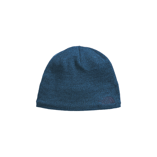 Blue North Face beanie with fleece ear band, perfect for chilly mornings.