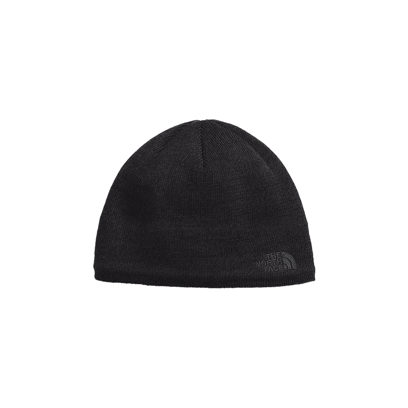 Black North Face Jim Beanie with fleece ear band, ideal for cold weather.