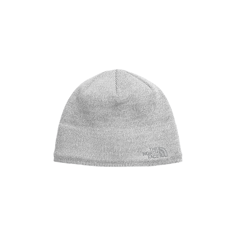 Classic gray North Face Jim Beanie with fleece ear band for warmth outdoors.