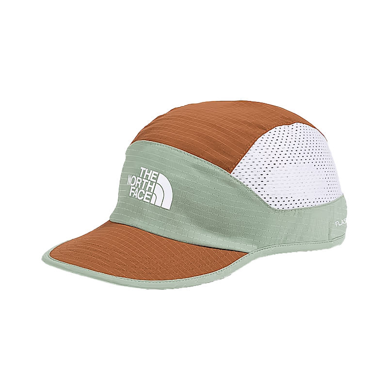 Green and orange North Face run hat with a flippable brim and breathable mesh, perfect for summer runs.