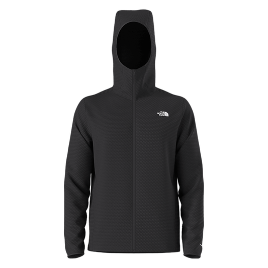 Black North Face men's hooded jacket with moisture-wicking DotKnit Thermal fabric for outdoor comfort.