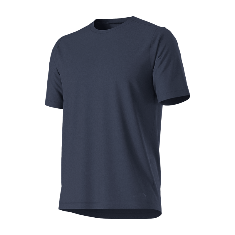 Men's navy blue short-sleeve crewneck t-shirt with moisture-wicking technology for outdoor comfort.