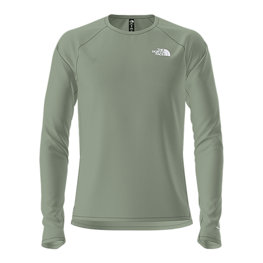 Sage green long-sleeve tee by The North Face with moisture-wicking, UPF 40+ protection, and eco-friendly materials.