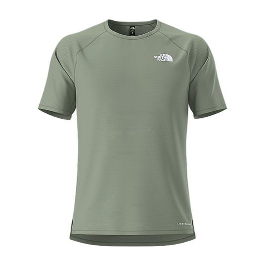 Green North Face men's short-sleeve tee for comfort and sun protection outdoors.