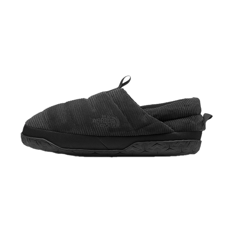 Black North Face men's Nuptse Mules slippers with corduroy upper, insulated for warmth, featuring foldable heel and durable outsole.