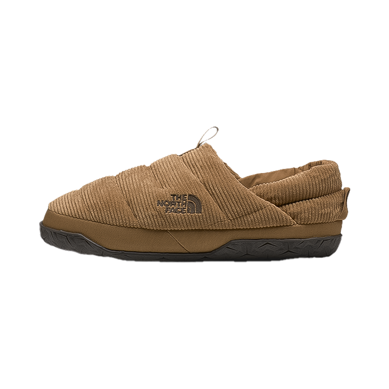 Brown The North Face men's Nuptse Mules slippers with corduroy upper and foldable heel for winter comfort.