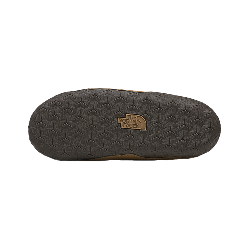 The North Face men's brown Nuptse Mules slippers with corduroy, 550-fill down insulation, and foldable heel.