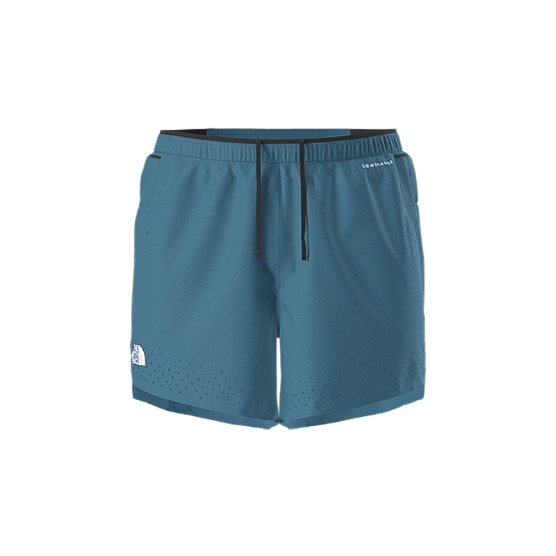 Blue North Face men's shorts for outdoor activities with moisture management and secure pockets.  