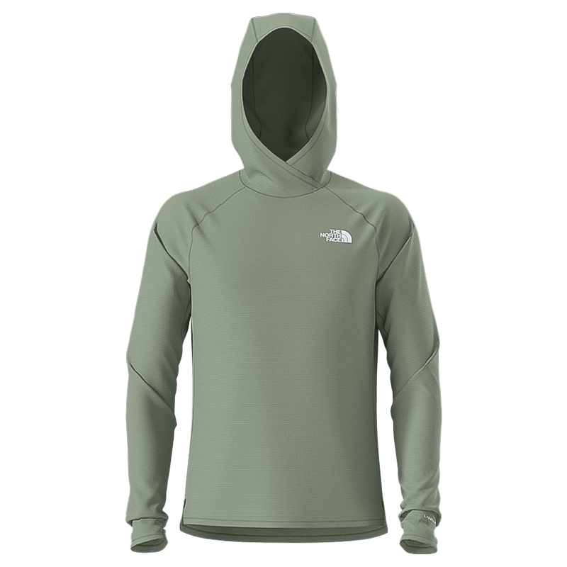 Green North Face men's trail running hoodie made from lightweight, breathable, eco-friendly fabric.