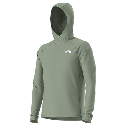 Men's green North Face hoodie designed for running, featuring moisture-wicking, UPF protection, and eco-friendly materials.