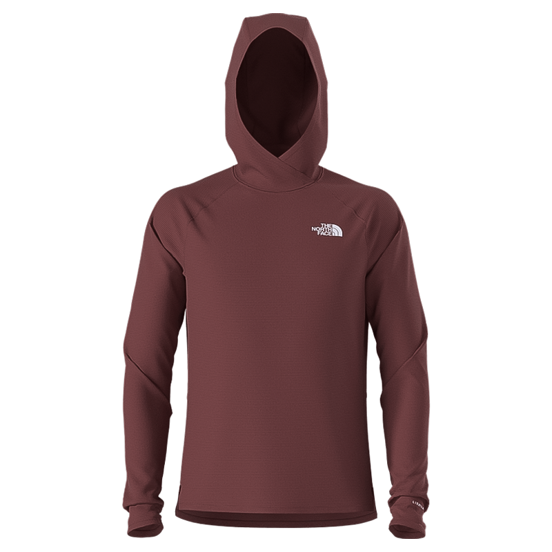 Maroon North Face men's hoodie, ideal for trail runs with quick-drying, breathable, sustainable materials.