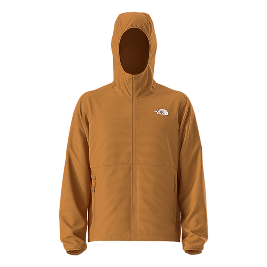 Orange North Face men's cyclone wind hoodie, featuring wind-resistant fabric, adjustable hood, and zippered pockets for outdoor activities.