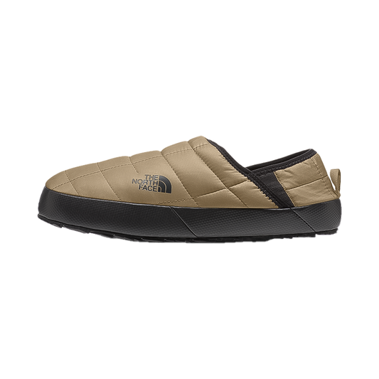 Brown The North Face Thermoball slippers have a water-resistant upper, fleece lining, and a collapsible heel.