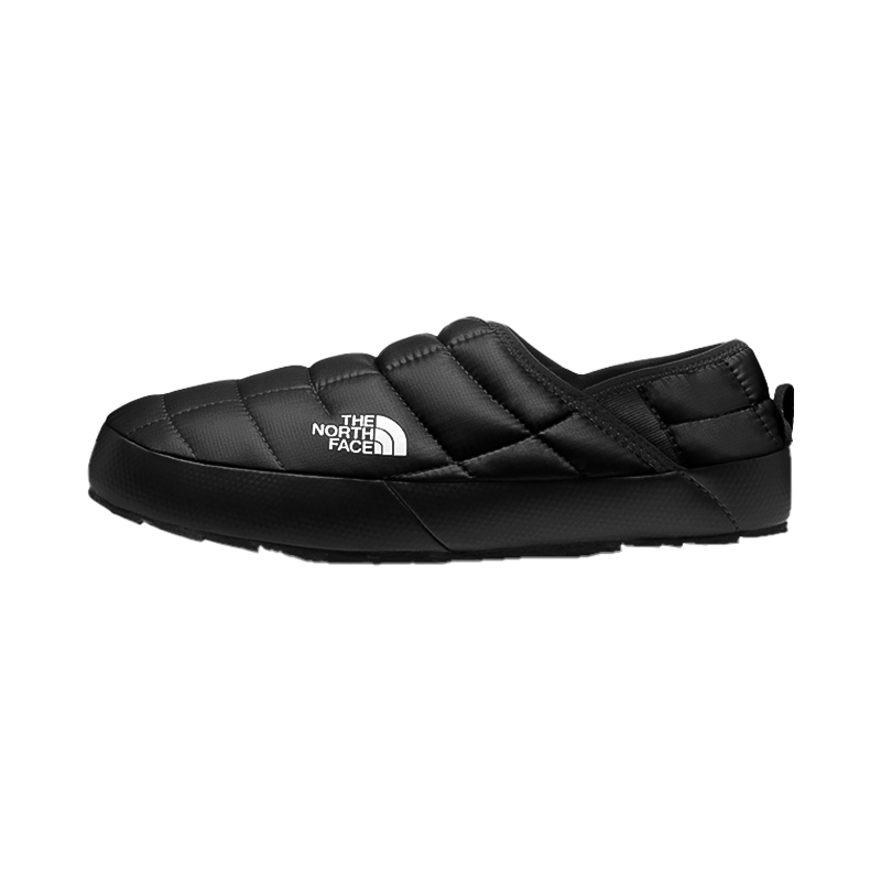 Black The North Face men's Thermoball Traction Mules V, water-resistant camp shoes with cozy fleece lining and grippy outsole.