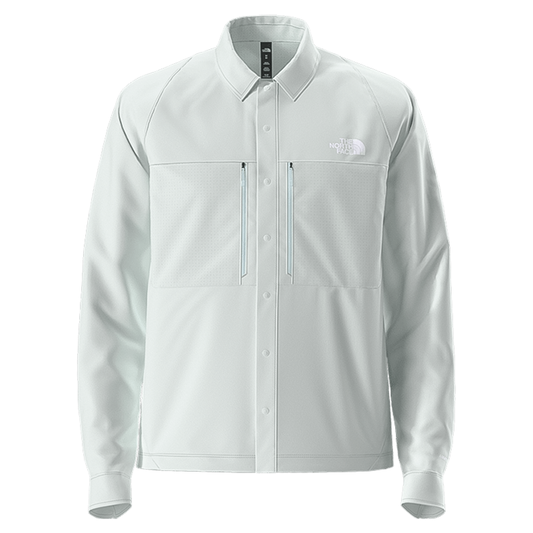 Light gray long-sleeve shirt by The North Face, featuring moisture-wicking, sun protection, and breathable design for hiking.