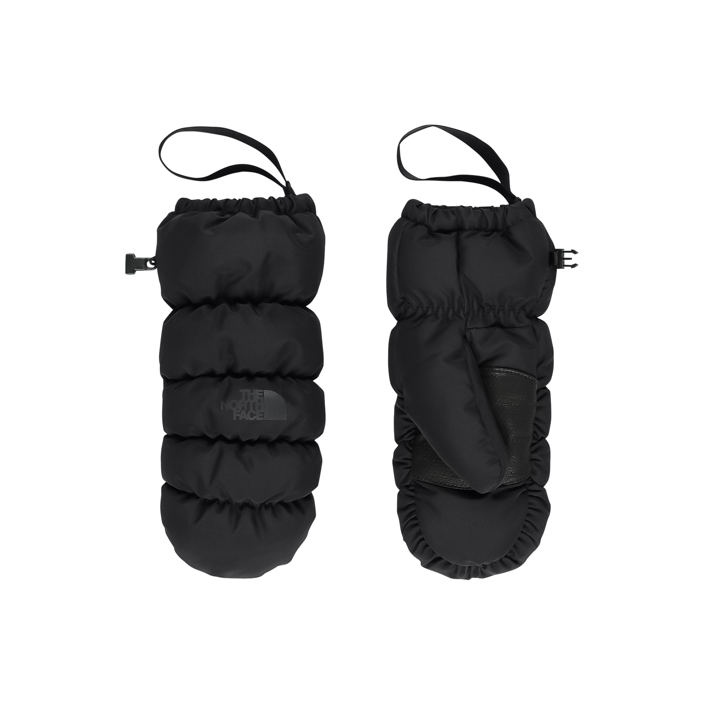 Black North Face Montana Puffer Mitts with quilted design, showcasing insulation and water-repellent features for winter wear.