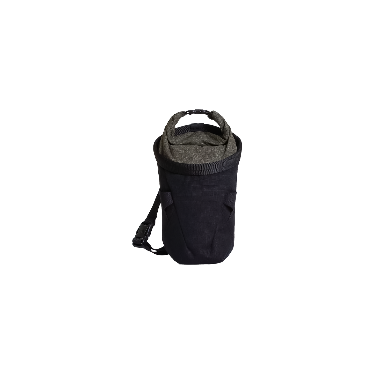 Black chalk bag designed for climbing gear, showcasing a durable and compact structure.